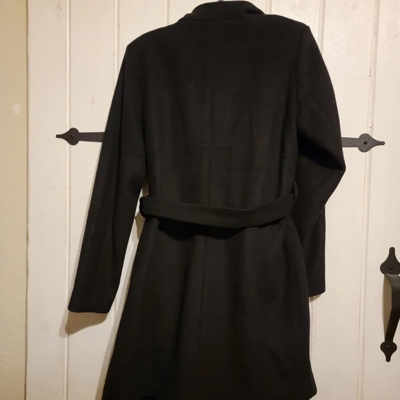 Boston Proper Jacket Wool Black Coat Open Front Belted Trench Size 14 - Picture 4 of 5